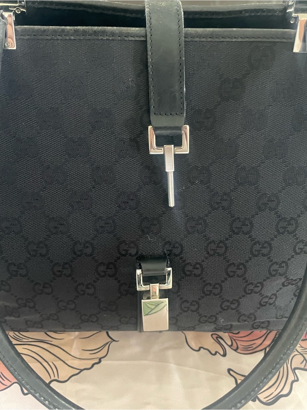 Gucci Nylon Jackie Tote Black Monogram Shoulder Bag Large - Picture 13 of 17
